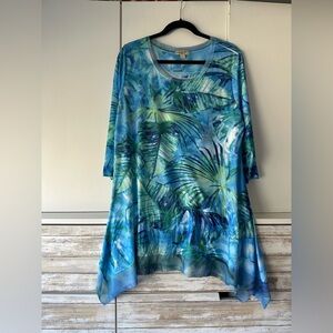 🌴 ONE WORLD Tropical Leaf Tunic Top Blue Green Rhinestone Handkerchief L